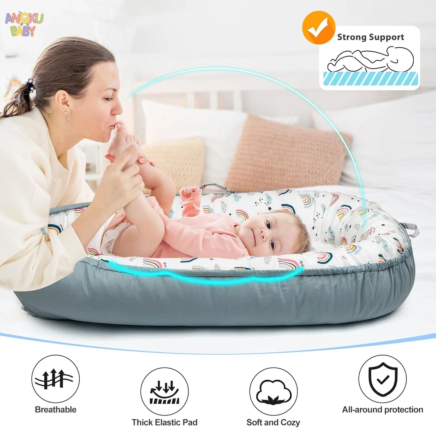Detachable Baby Nest for Newborn 0-12 Months 100% Cotton Infant Nest for Boys & Girls Breathable Baby Lounger fit Home & Travel