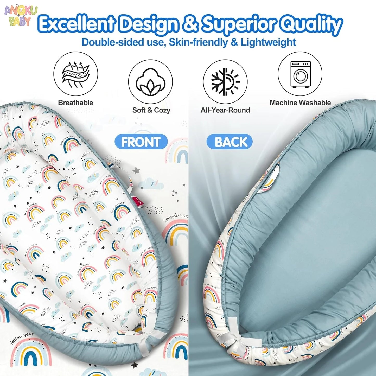 Detachable Baby Nest for Newborn 0-12 Months 100% Cotton Infant Nest for Boys & Girls Breathable Baby Lounger fit Home & Travel