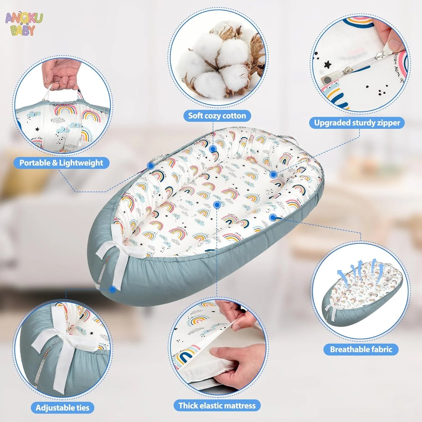 Detachable Baby Nest for Newborn 0-12 Months 100% Cotton Infant Nest for Boys & Girls Breathable Baby Lounger fit Home & Travel